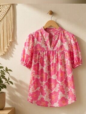 Pink Floral Short-Sleeve Split-Neck Top